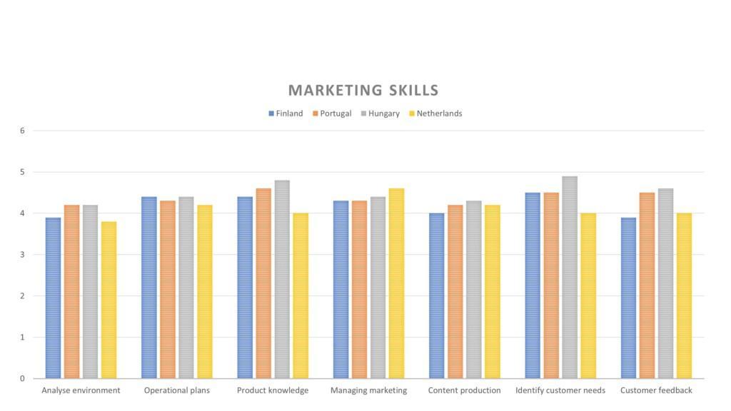 Bar chart representing the experienced importance of different marketing skills in Finland, Portugal, Hungary, and Netherlands. Read the next text paragraph for figures and comparision.