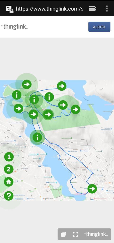 Esimerkkiä Hämeenlinnan pyöräilyreittioppaan reitistä karttanäkymänä, jossa vihreitä palloja paikantamassa eri kohteita reitillä.