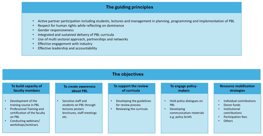 Several blocks with blue background that describe the guiding principles and the hierarchy of them.