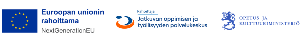 Kolme logoa, jotka ovat: 1. Euroopan unionin rahoittama, NextGenerationEU. 2. Rahoittaja: Jatkuvan oppimisen ja työllisyyden palvelukeskus. 3. Opetus- ja kulttuuriministeriö.