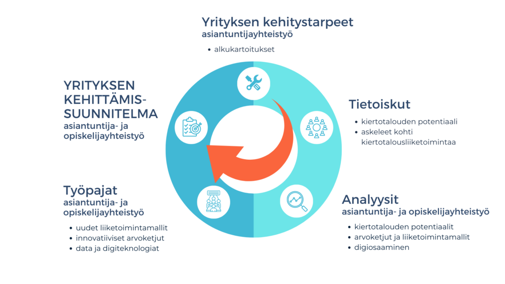 Keskellä on sininen rengas, jonka laidalla ovat sanat ylhäältä myötäpäivään: ”yrityksen kehittämistarpeet”, ”tietoiskut”, ”analyysit”, ”työpajat” ja ”yrityksen kehittämissuunnitelma”. Renkaan sisäpuolella on myötäpäivään kulkeva, suuri, punainen nuoli, joka kuvastaa toimenpiteiden järjestystä.