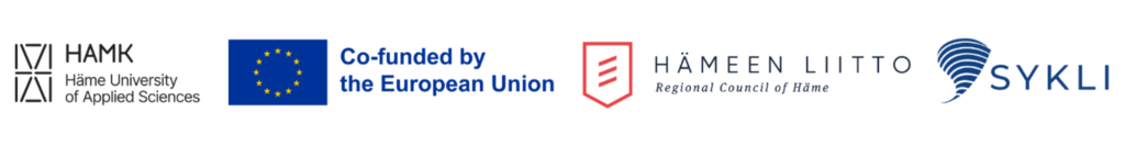 Four logos: 1) Häme University of Applied Sciences, 2) Co-funded by the European Union, 3) Hämeen liitto, Regional Council of Häme, and 4) the Finnish Environmental Institute SYKLI.